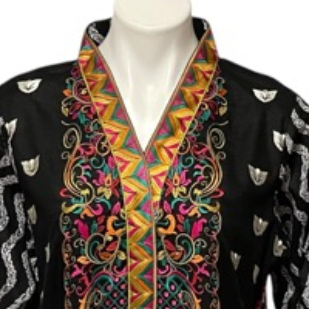 Unbranded Medium Large Black Side Slit Long Sleeve Embroidered Kaftan Midi Dress - Picture 3 of 6